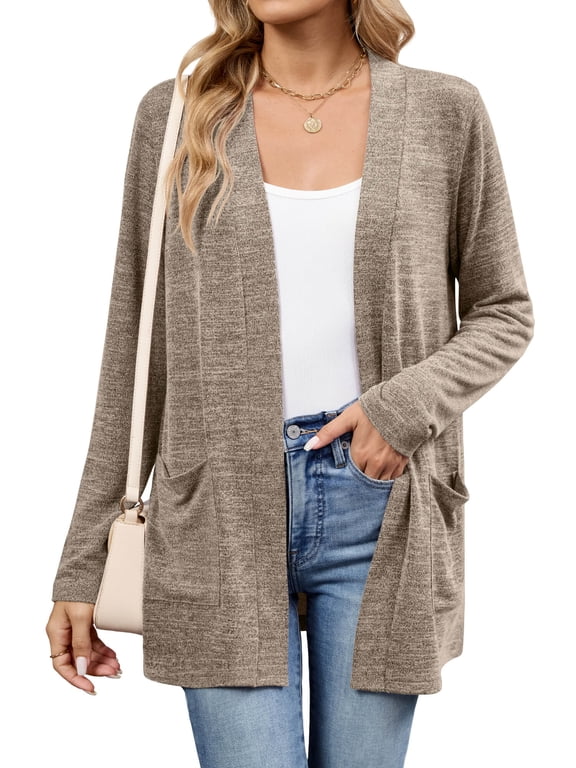 Women's Open Front Cardigan Shirt Loose Thin Knit Long Sleeve Lightweight Coat for Fall with Pockets, Khaki Size L
