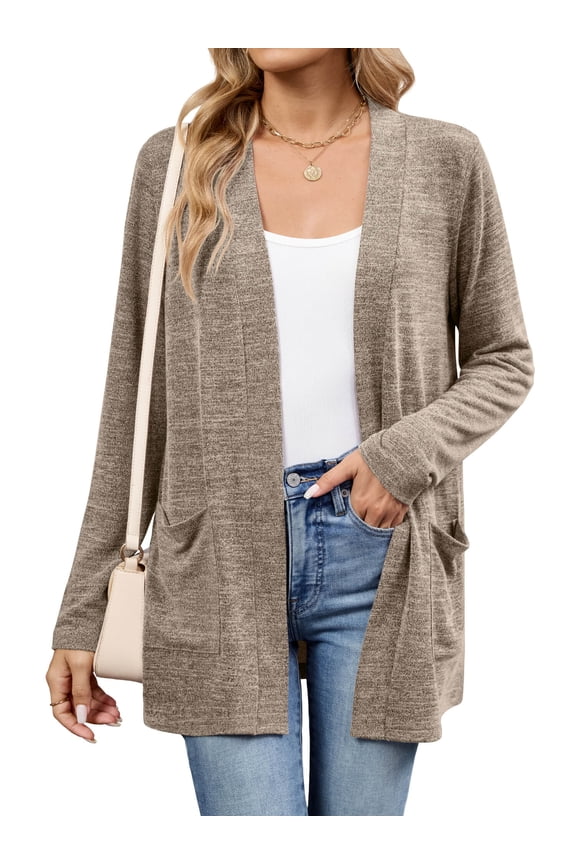 Women's Open Front Cardigan Shirt Loose Thin Knit Long Sleeve Lightweight Coat for Fall with Pockets, Khaki Size L