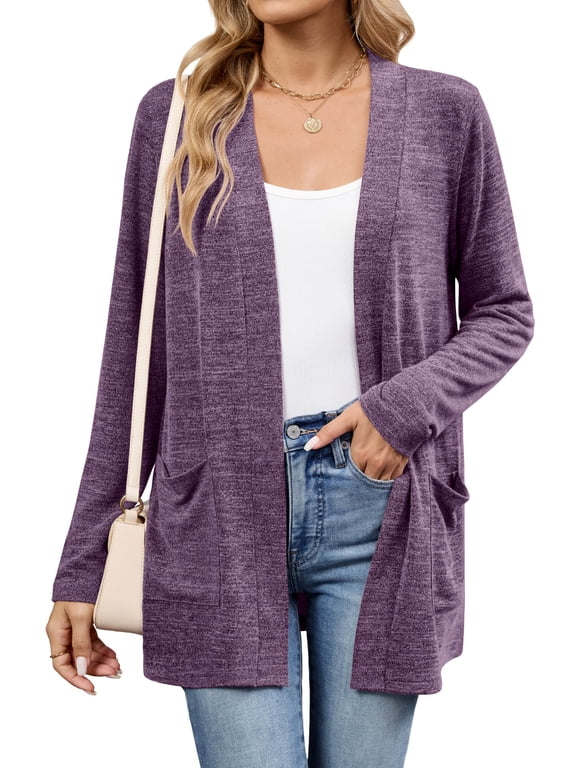 Women's Open Front Cardigan Shirt Loose Thin Knit Long Sleeve Lightweight Coat for Fall with Pockets, Purple Size L