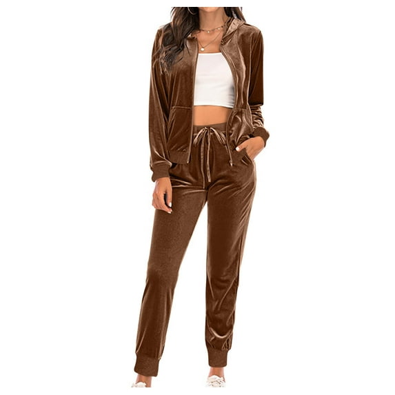 Chiclily Velour Tracksuit for Womens 2 Pieces Joggers Outfits Zipper Jogging Sweatsuits Set Soft Sports Sweat Suits Pants with Pocklets, Dark Brown Size 2XL