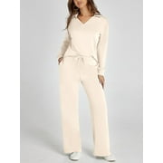 CHICLILY Women's 2 Piece Outfits Lounge Sets Casual Long Sleeve Sweatsuits Polo Top Wide Leg Pants Fall Sweat Matching Sets, Apricot L