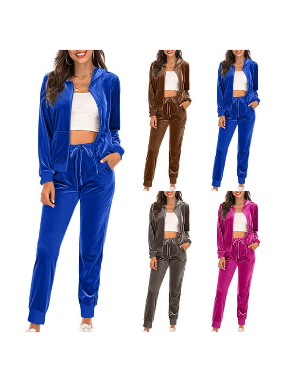Velour Tracksuit for Womens 2 Pieces Joggers Outfits Zipper Jogging Sweatsuits Set Soft Sports Sweat Suits Pants with Pocklets, Klein Blue Size L