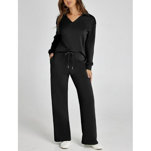 Chiclily Women's 2 Piece Outfits Lounge Sets Casual Long Sleeve Sweatsuits Polo Top Wide Leg Pants Fall Sweat Matching Sets, Black L