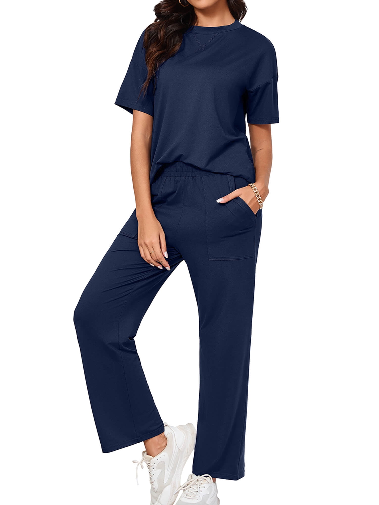 Women Modal Lounge Set Crew Neck & Pants Pajama Set Blue