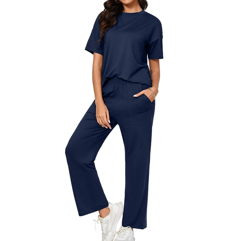 Chiclily Women s Loungewear Sets 2 Piece Pajama Sets Matching Outfits T Shirt Long Pants Lounge Set Sweatsuits Navy Blue Medium