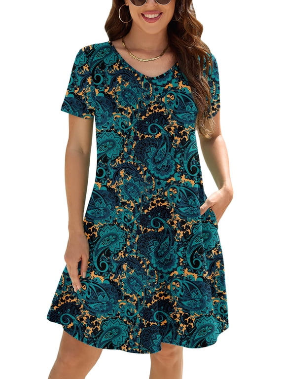 Women's Short Sleeve Dresses Green Field Medium V Neck Flowy Beach Sundress with Pockets