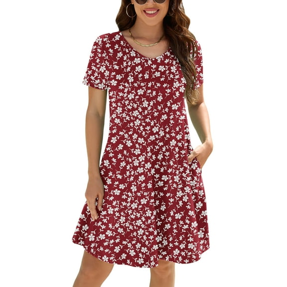 Chiclily Women's Short Sleeve Dresses Peach Blossom XL V Neck Flowy Beach Sundress with Pockets