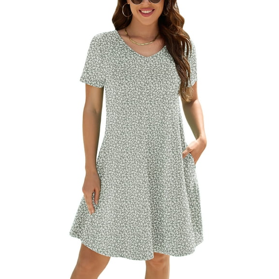 Chiclily Women's Short Sleeve Dresses Spots Medium V Neck Flowy Beach Sundress with Pockets
