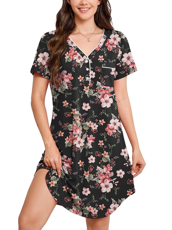 Women's Nightgown Short Sleeve Sleepshirt V Neck Lounge Dress with Pocket, Soft Floral Nightshirt Pajama in Size L