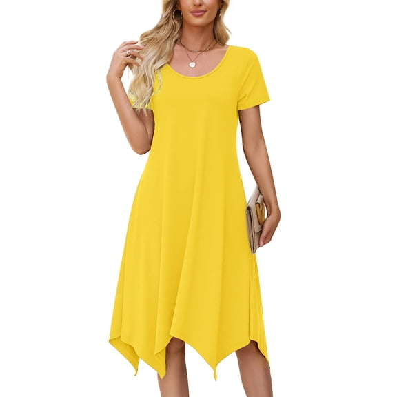 Chiclily Women's Short Sleeve Summer Swing Dress, Casual Loose T-Shirt Dress with Pockets, Irregular Hem Yellow Midi Sundress, Size L