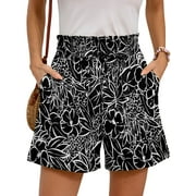 Chiclily Women's Shorts High Waist Drawstring Shorts Summer Loose Beach Shorts with Pockets, Black White Flower L