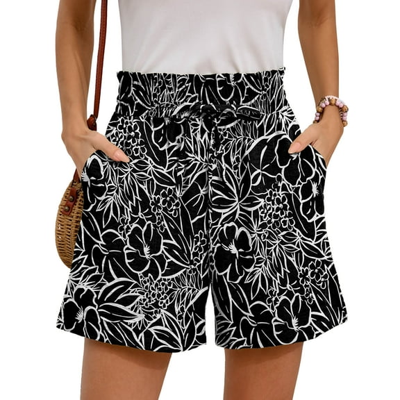 Chiclily Women's Shorts High Waist Drawstring Shorts Summer Loose Beach Shorts with Pockets, Black White Flower XL