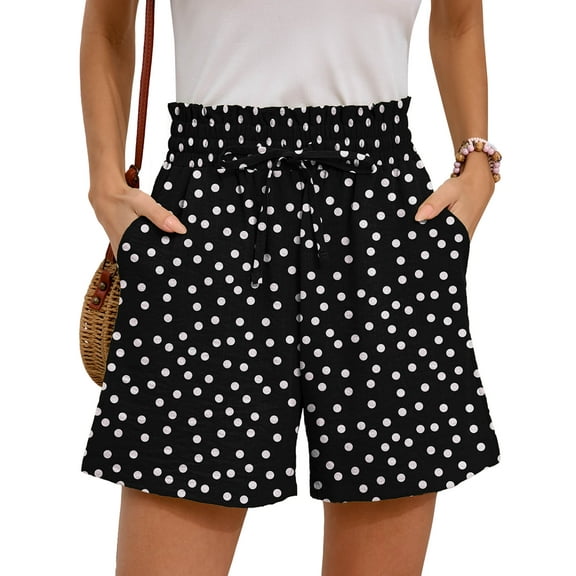 Chiclily Women's Shorts High Waist Drawstring Shorts Summer Loose Beach Shorts with Pockets, Black White Polkadots L