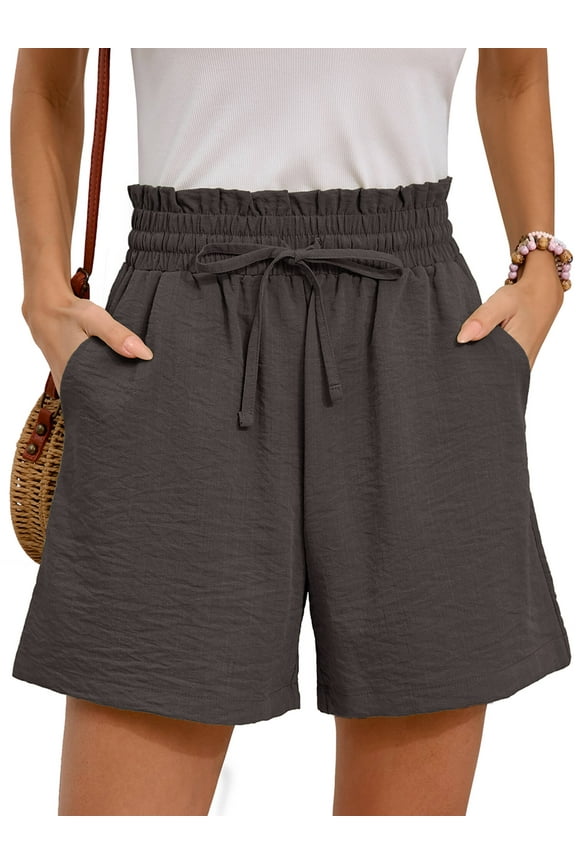 Women's Shorts High Waist Drawstring Shorts Summer Loose Beach Shorts with Pockets, Gray XL