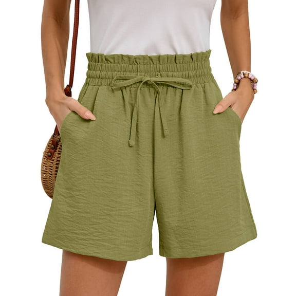 Chiclily Women's Shorts High Waist Drawstring Shorts Summer Loose Beach Shorts with Pockets, Green S