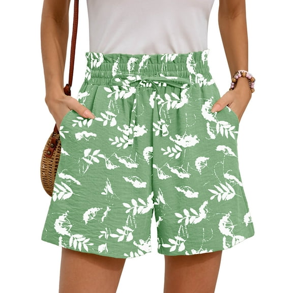 Chiclily Women's Shorts High Waist Drawstring Shorts Summer Loose Beach Shorts with Pockets, Green White Flower L