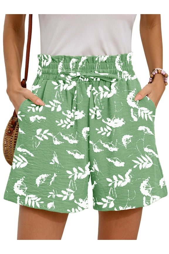 Women's Shorts High Waist Drawstring Shorts Summer Loose Beach Shorts with Pockets, Green White Flower L