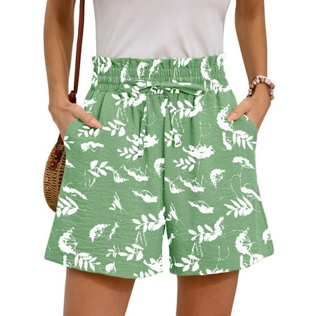 Chiclily Women's Shorts High Waist Drawstring Shorts Summer Loose Beach Shorts with Pockets, Green White Flower XL