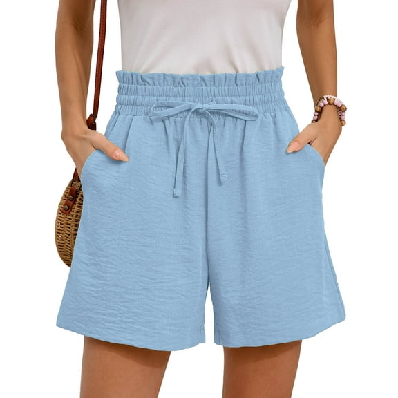 Chiclily Women's Shorts High Waist Drawstring Shorts Summer Loose Beach Shorts with Pockets, Light Blue M