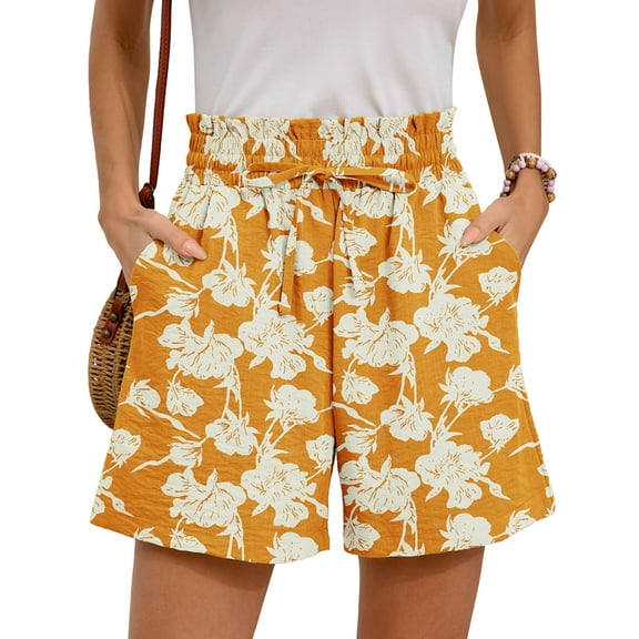 Chiclily Women's Shorts High Waist Drawstring Shorts Summer Loose Beach Shorts with Pockets, White Flower Yellow L