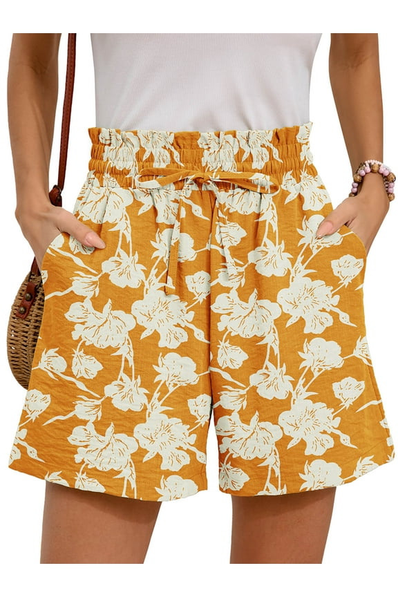 Women's Shorts High Waist Drawstring Shorts Summer Loose Beach Shorts with Pockets, White Flower Yellow L