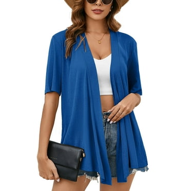 Chiclily Women's Summer Cardigans Lightweight Open Front Cardigans 3/4 Sleeve Klein Blue Large Casual Soft Drape Cardigan Tops