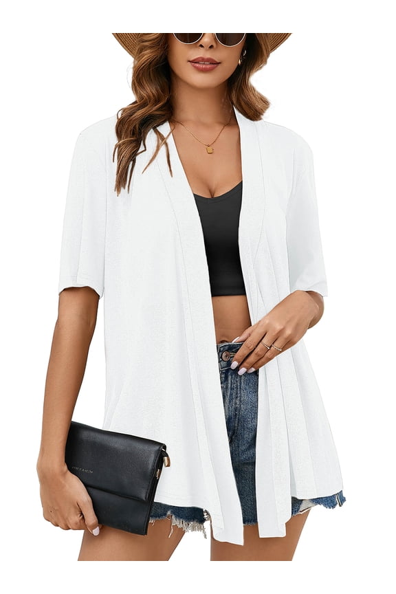 Women's Summer Cardigans Lightweight Open Front Cardigans 3/4 Sleeve White Large Casual Soft Drape Cardigan Tops