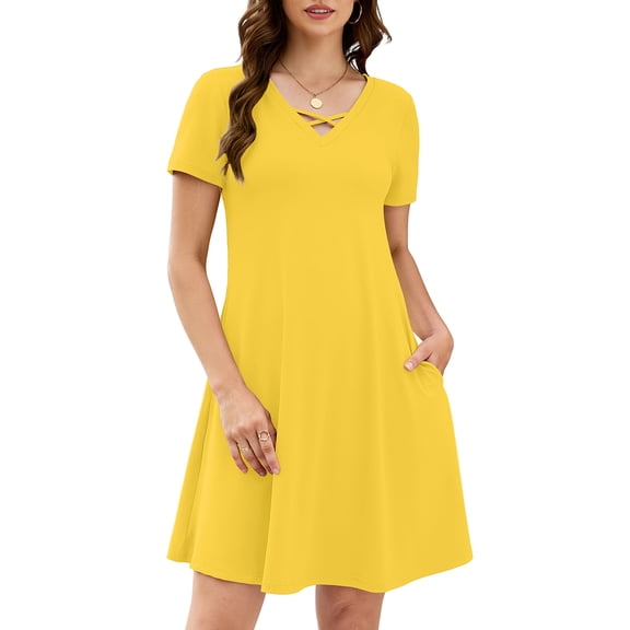 Chiclily Women's Summer Casual T-Shirt Dress - Short Sleeve Crisscross V-Neck Swing A-Line Tunic Sundress with Pockets, Yellow Size L
