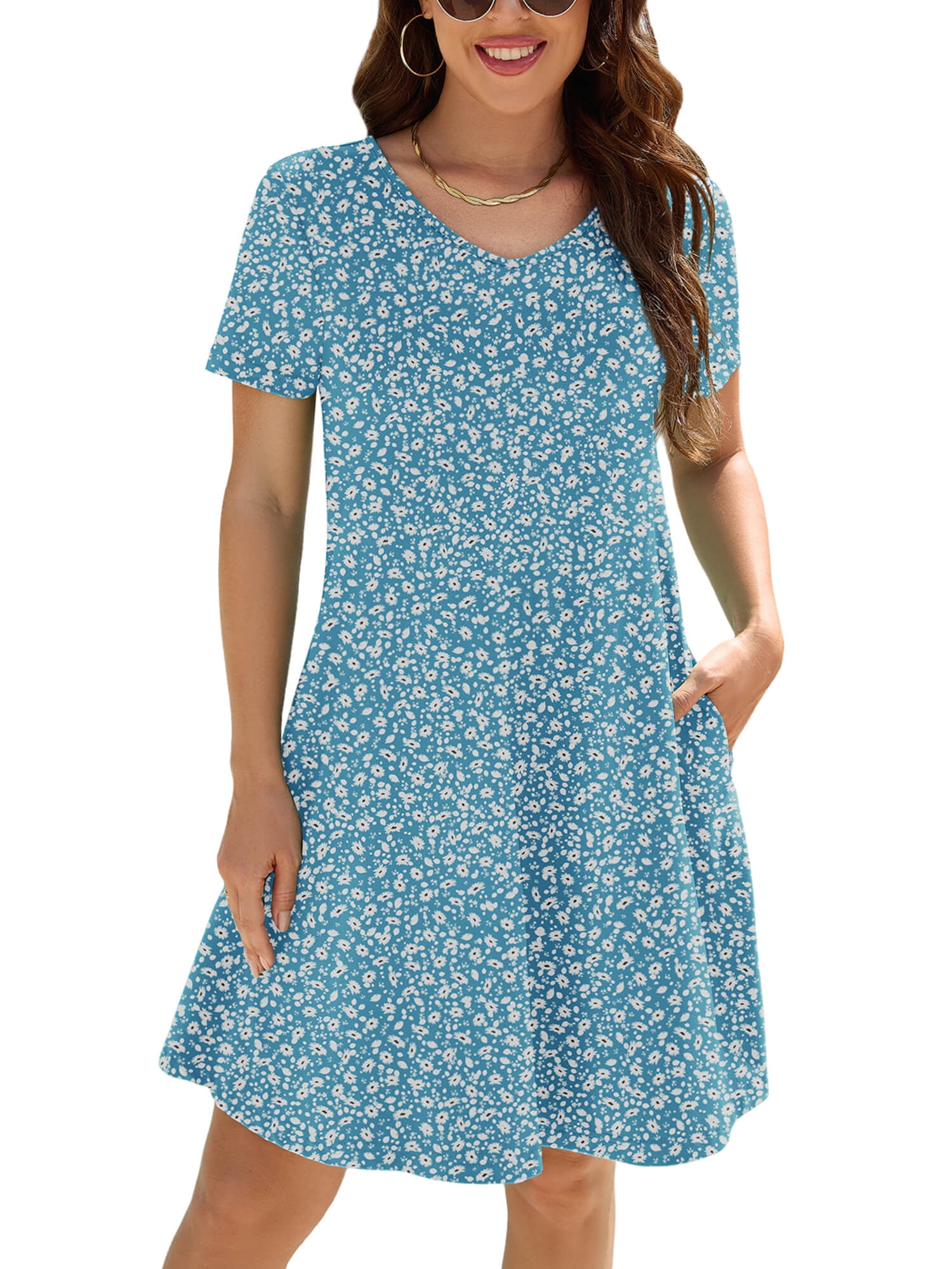 Chiclily Women's Summer Dress Daisy Blue Large Casual Short Sleeve V ...