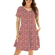 CHICLILY Women's Summer Dress Maple Leaf Large Casual Short Sleeve V Neck T Shirt Dresses with Pockets