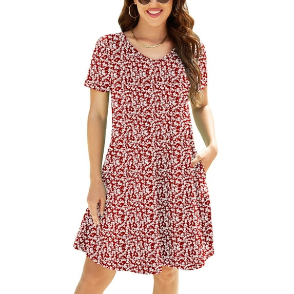Chiclily Women's Summer Dress Maple Leaf Large Casual Short Sleeve V Neck T Shirt Dresses with Pockets