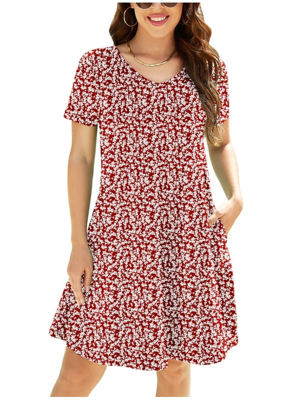 Women's Summer Dress Maple Leaf Large Casual Short Sleeve V Neck T Shirt Dresses with Pockets