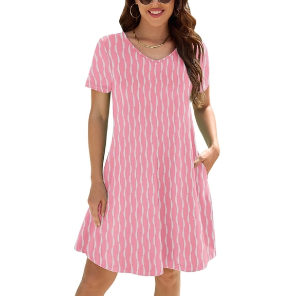 Chiclily Women's Summer Dress Pink Wavy Stripe Large Casual Short Sleeve V Neck T Shirt Dresses with Pockets