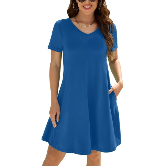 Chiclily Women's Summer Dress Royal Blue Small Casual Short Sleeve V Neck T Shirt Dresses with Pockets