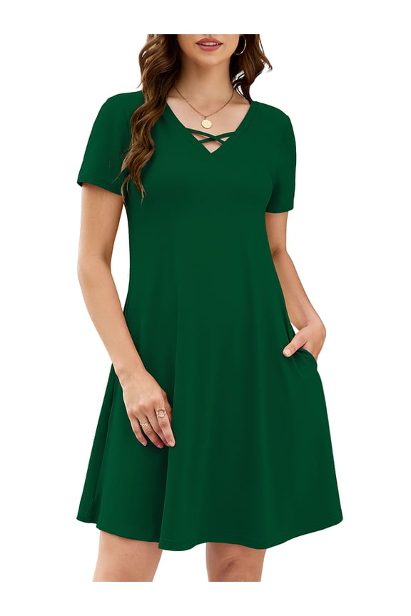 Women's Summer Casual T-Shirt Dress - Short Sleeve Crisscross V-Neck Swing A-Line Tunic Sundress with Pockets, Dark Green Size L