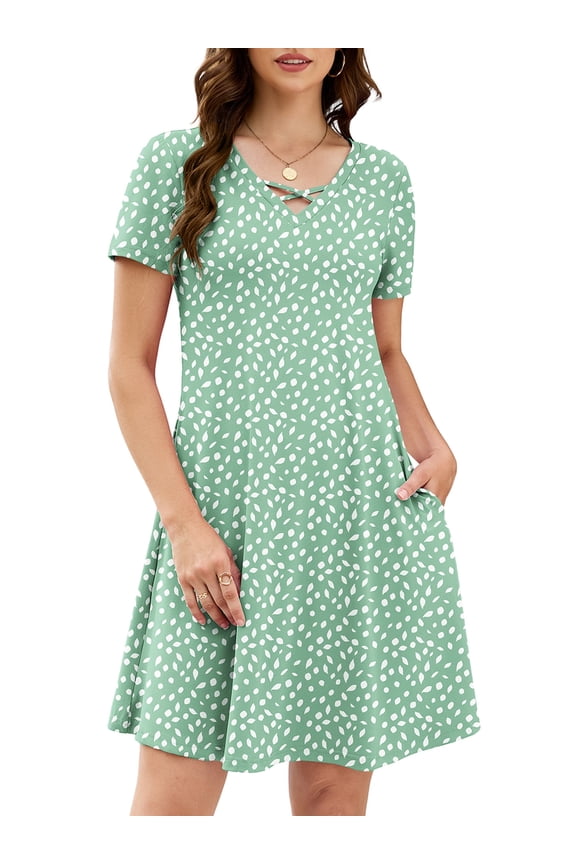 Women's Summer Casual T-Shirt Dress - Short Sleeve Crisscross V-Neck Swing A-Line Tunic Sundress with Pockets, Leaves Green Size L