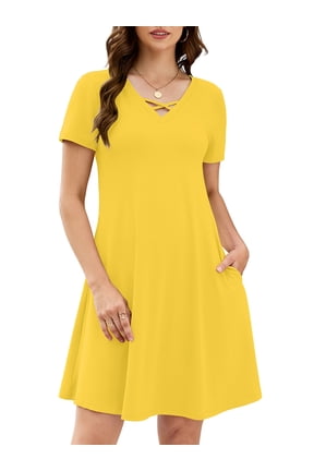 Women's Summer Casual T-Shirt Dress - Short Sleeve Crisscross V-Neck Swing A-Line Tunic Sundress with Pockets, Yellow Size S