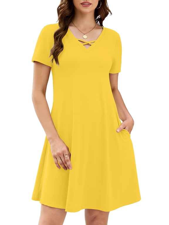 Women's Summer Casual T-Shirt Dress - Short Sleeve Crisscross V-Neck Swing A-Line Tunic Sundress with Pockets, Yellow Size L