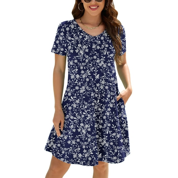 Chiclily Women's Summer Dress Vine Flower Large Casual Short Sleeve V Neck T Shirt Dresses with Pockets