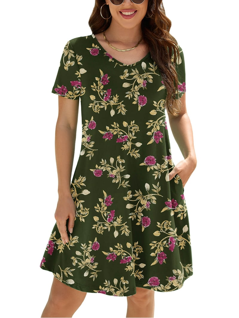 summer dress casual roses Chiclily Women's Summer Dress Yellow Leaves Rose Small Casual Short Sleeve  V Neck T Shirt Dresses with Pockets
