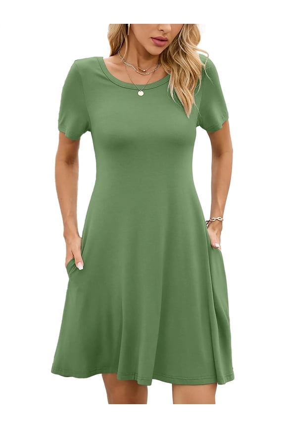 Women's Summer Dresses Casual T Shirt Dresses Army Green Large Short Sleeve Flowy Beach Sundress with Pockets