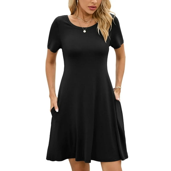 Chiclily Women's Summer Dresses Casual T Shirt Dresses Black XL Short Sleeve Flowy Beach Sundress with Pockets