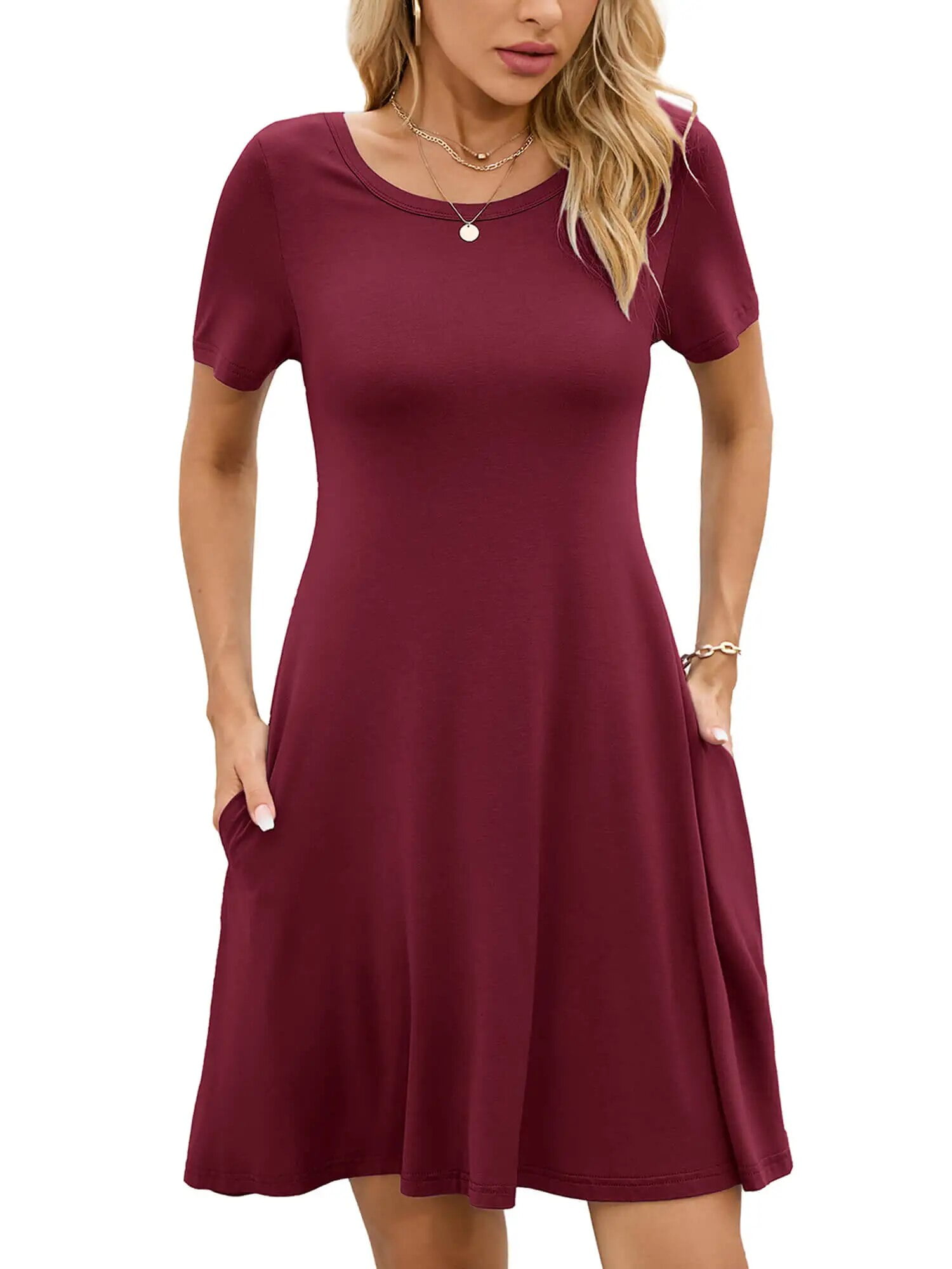 Chiclily Women's Summer Dresses Casual T Shirt Dresses Burgundy Large