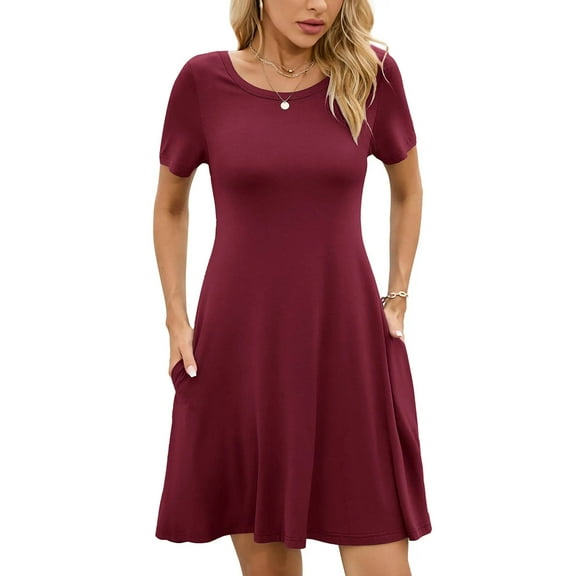 Chiclily Women's Summer Dresses Casual T Shirt Dresses Burgundy Medium Short Sleeve Flowy Beach Sundress with Pockets