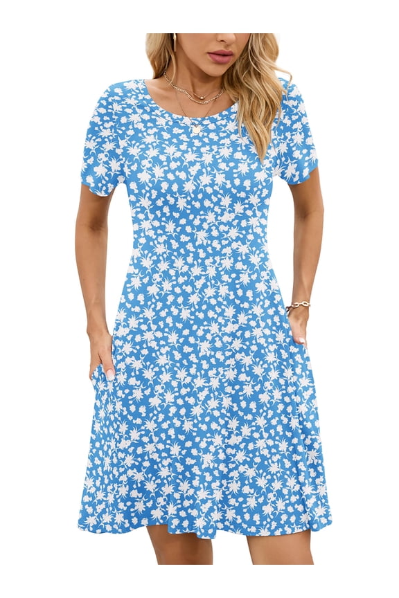 Women's Summer Dresses Casual T Shirt Dresses Butterflies Large Short Sleeve Flowy Beach Sundress with Pockets