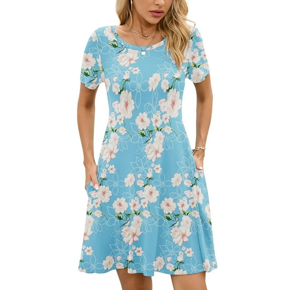 Chiclily Women's Summer Dresses Casual T Shirt Dresses Floral Light Blue Large Short Sleeve Flowy Beach Sundress with Pockets