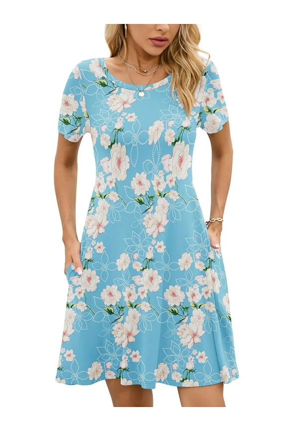 Women's Summer Dresses Casual T Shirt Dresses Floral Light Blue XL Short Sleeve Flowy Beach Sundress with Pockets