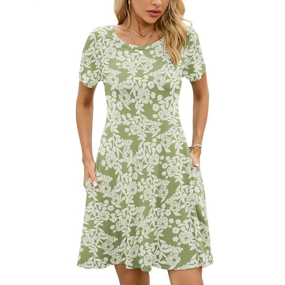 Chiclily Women's Summer Dresses Casual T Shirt Dresses Green Roses Large Short Sleeve Flowy Beach Sundress with Pockets