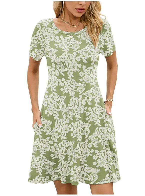 Women's Summer Dresses Casual T Shirt Dresses Green Roses Large Short Sleeve Flowy Beach Sundress with Pockets