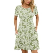 Chiclily Women's Summer Dresses Casual T Shirt Dresses Green Roses Small Short Sleeve Flowy Beach Sundress with Pockets